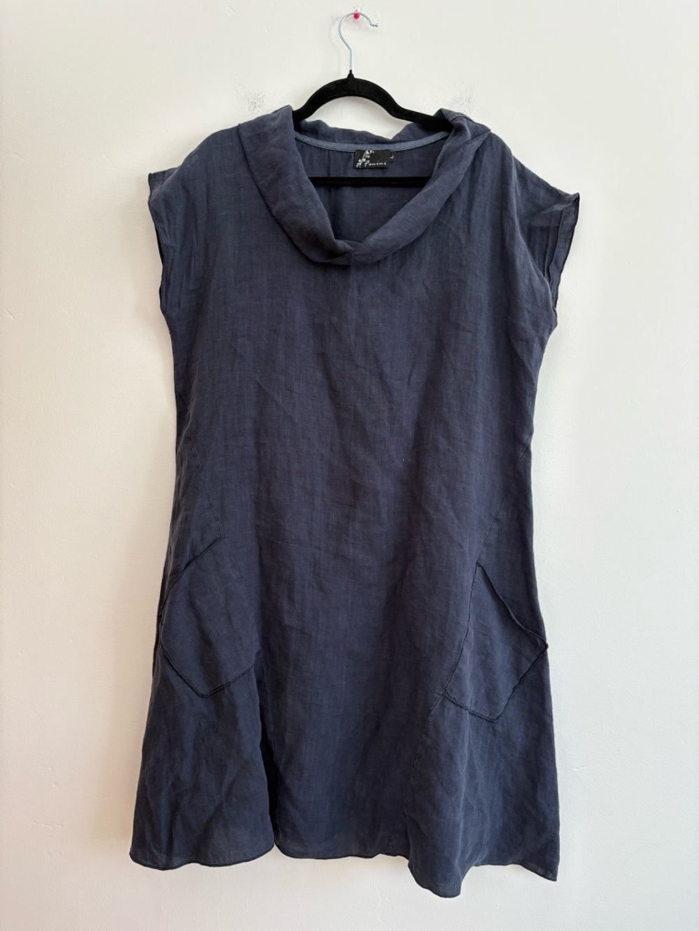 Fenini 100% Linen Knee Length Dress Navy Blue Lagenlook Flowy Modest Large